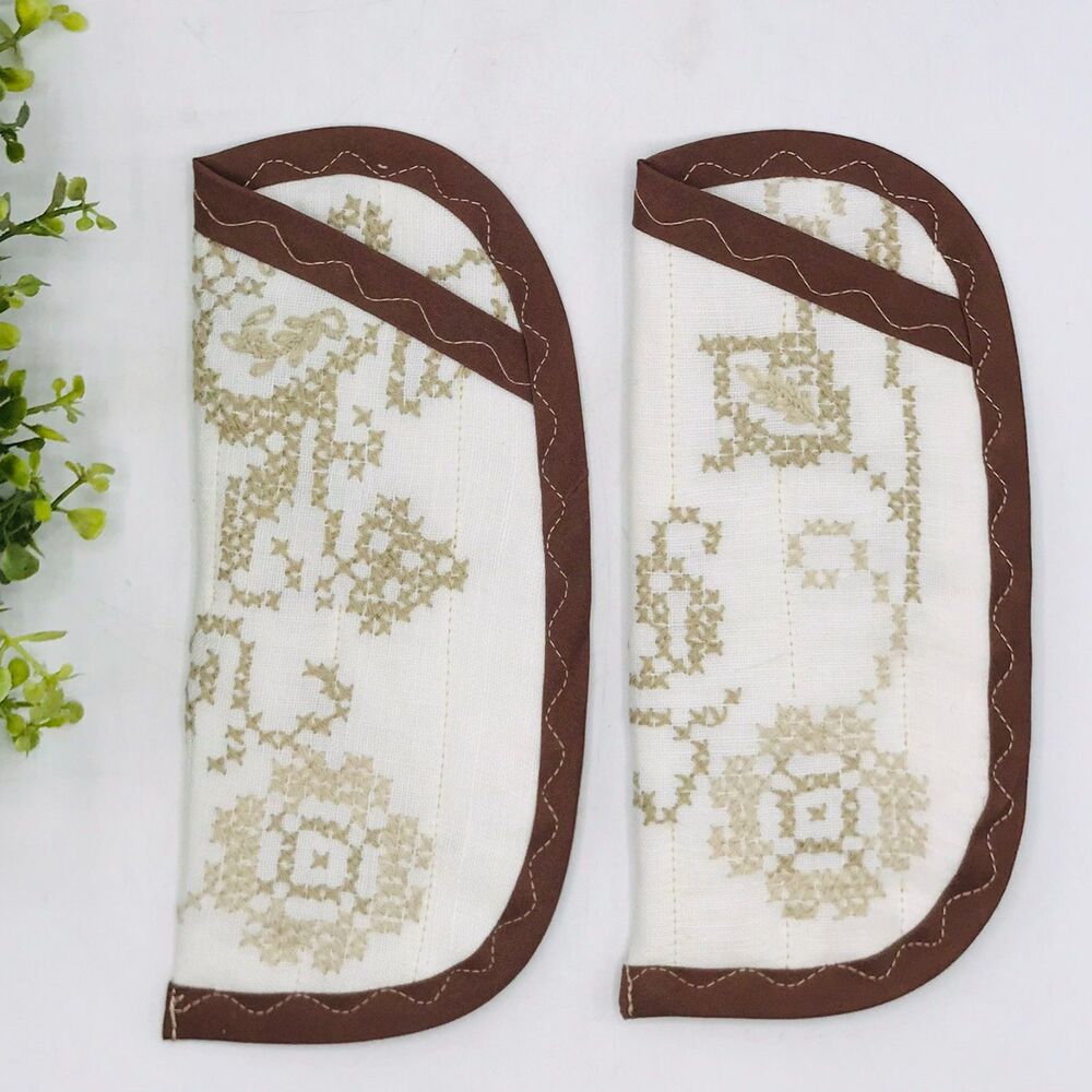 Lot of 2 Handmade Glasses Case Soft Fabric Neutral Embroidered Padded 8"x3.5"